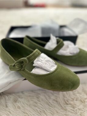 Larroude Verona Ballet Flat in Seaweed Suede - Olive Green